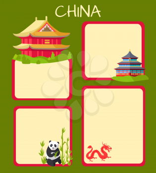 China poster with empty spaces for text and oriental signs on them. Vector green illustration of traditional eastern buildings, panda sitting near bamboo sticks and red dragon signs in light cards