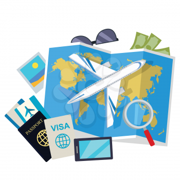 Travel web banner. Aircraft, suitcase with luggage, world map, air tickets, passport, visa, phone, money, sunglasses, magnifier flat vectors. For travel agency airline company landing page design