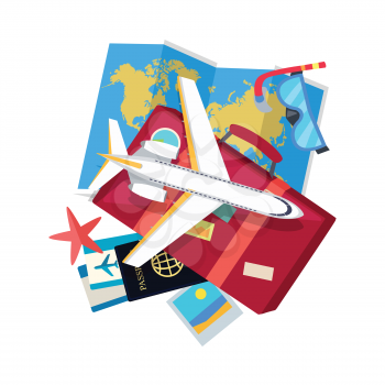 Vacation web banner. Aircraft, suitcase with luggage, world map, tickets, passport, visa, diving mask, starfish flat vector illustrations. For travel agency, airline company landing page design
