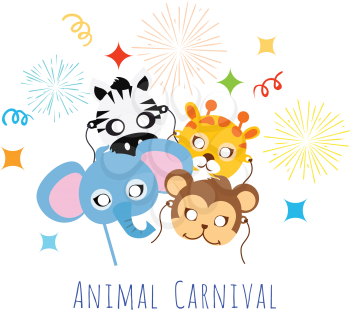 Animal Carnival funny childish masquerade masks with firework. Elephant with zebra, monkey near giraffe vector illustration. Masque for festival and children holiday. Dress code for kids in flat style