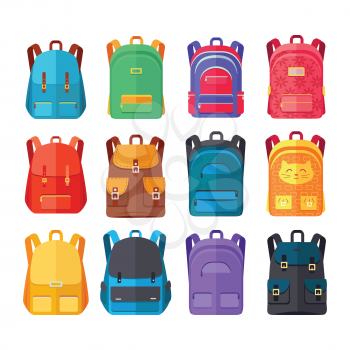 Colorful school backpacks icons set, Variety bright backpacks for schoolchildren, students, travelers and tourists flat vector illustrations isolated on white. Fashionable bags for kids and adults
