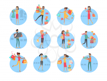 People doing shopping and buying things on sales set. Vector poster of round blue objects with people who bought presents in boxes, green dress, microwave oven, azure scales and other elements