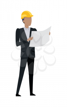 Successful architect standing and holding a big blueprint in his hands. Man in black suit and yellow helmet is looking at paper. Planning new project. Simple cartoon style. Front view. Vector