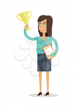 Woman winner character Vector. Flat style. Female with diploma raises cup above her head. Success and victory concept for business concepts,  app icons, infographics. Isolated on white background.  