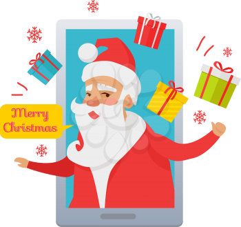 Merry Christmas Santa Claus inside cellphone and looking out smartphone with colourful gift boxes and red snowflakes hovering around character in cartoon style. Flat design vector greeting card.