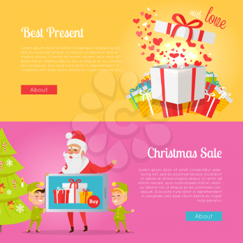 Colourful poster of pictures with best presents and Christmas sale. Vector illustrations of gift boxes and one open with hearts inside. Banner with santa Claus and elves holding gadget near spruce.