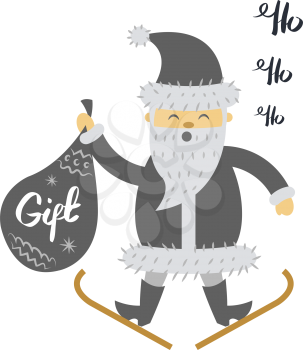 Santa Claus on ski with gift bag screaming hohoho isolated on white. Vector illustration of merry christmas character hurrying to congratulate with New Year holidays in comic cartoon style