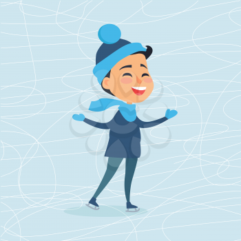 Cartoon smiling boy on icerink in flat design. Christmas entertainment in city in winter time. Vector illustration of happy male person in blue hat and scarf enjoying life spending New Year holidays
