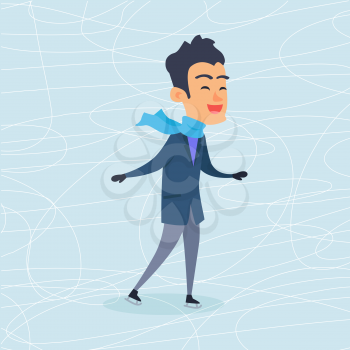 Isolated cartoon boy in warm winter clothes is skating on ice rink. Vector illustration in flat design of male person in blue scarf, grey trousers and bluish jacket. Christmas entertainments in town.