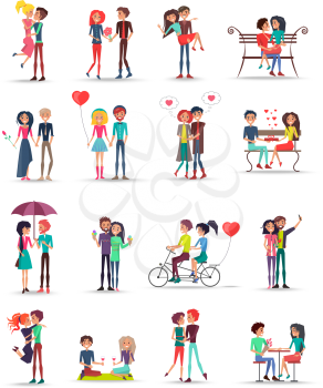 Dating of couples in love collection on white. Young people spending time together, sitting on bench, riding bike, kissing, hugging and thinking about love girls wearing flowers, balloons vector