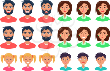 Faces of people expressing emotions set of icons on white. Faces of angry, happy, surprised, serious and upset man with dark hair and beard, woman with short hair, girl with two fair ponytails and boy