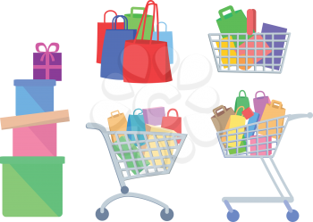 Set of shopping icons in flat design. Supermarket trolley with goods, shopping bags and gift boxes vector illustrations isolated on white background. For e-commerce and online shopping apps