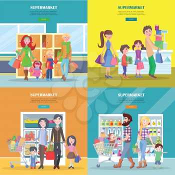 Happy families have shopping in big supermarket web banner. Different departments of store entrance, grocery and dairy product near cash register vector illustration. People buying necessary goods.