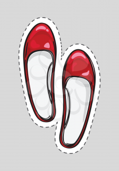 Women shoes patch with dashed line. Cut it out. Shoe for female without heel in flat style design. Pair of red leather pump shoes. New spring autumn collection. Shoe shop sale. Vector illustration