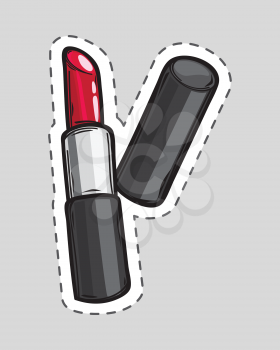 Red lipstick patch. Cut it out of paper. Cosmetic product vector illustration. Flat design. Black container for mascara and lipstick. For woman beauty concepts, cosmetic brand ad. Natural cosmetics.