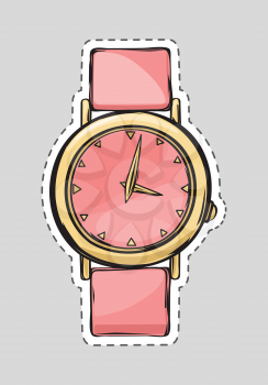 Pink watch with belt. Cut it out. Illustration of isolated fashionable object for women. Rosy female stylish clock on hand in cartoon design. Flat style. Fashion. Watch in golden round frame. Vector