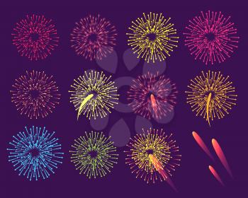 Fireworks on blue background. Burst of salute elements vector illustration. Poster in flat style for celebration holidays and parties. Greeting card design in New Year and Christmas concept.