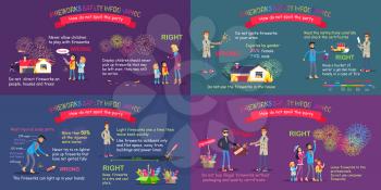 Fireworks safety. Vector comparative poster of wrong and right acting with pyrotechnics in cartoon style. Web banner of people and children using fireworks correctly and improperly and info text