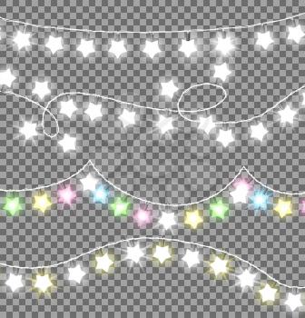 Garland twisted ropes with white and colourful bulb in star shape on transparent background. Xmas realistic overlay garlands lights. Decorative elements for parties and holidays celebration vector