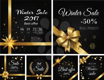Winter sale 2017 and best offer on all products decorative cards. Vector poster of golden ribbons with bows in flower and star shapes on black background with white inscriptions and percents