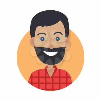 Man face emotive icon. Smiling bearded male character in red shirt flat vector illustration isolated on white. Happy human psychological portrait. Positive emotions user avatar. For app, web design