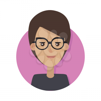 Woman face emotive icon. Smiling cute brown-haired female character in glasses flat vector isolated on white. Happy human psychological portrait. Positive emotions user avatar. For app, web design