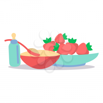 Little baby nutrition. Tasty cereal porridge in bowl, ripe strawberries and bottle with dummy flat vector isolated on white. Natural childrens food illustration for kids healthy ration concepts 