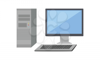 Gray computer system unit and computer monitor with blank screen in flat. Desktop computer. Computer icon. Isolated object on white background. Vector illustration.