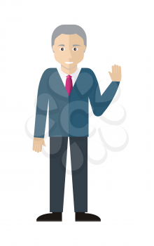 Man character vector in flat design. Smiling old male with grey hair. Illustration for profession, fashion, human concepts, app icons, logo, infographics design. Isolated on white background