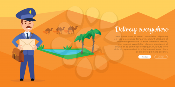 Delivery everywhere cartoon web banner. Postman in uniform with mailbag holding envelope on desert background with oasis flat vector illustration. Horizontal concept for mail company landing page