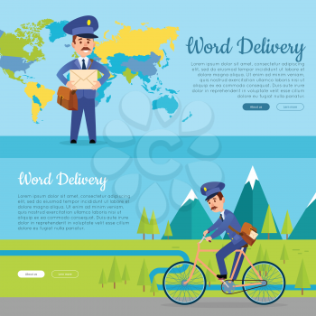 World delivery. Collection of two pictures with postman. Mailman in suit holding envelope stands near world map. Postman on bicycle rides on road near mountains. Cartoon design. Web banner. Vector