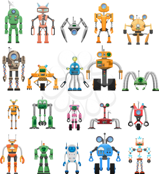 Robots collection on white. Industrial manipulating advanced robots. Vector poster of modular collaborative educational service androids working machines. Things of future made of plastic and steel.