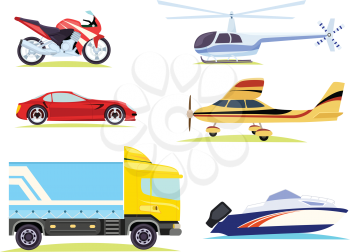 Collection of different means of transportation in cartoon style. Motorbike and automobile, car truck with helicopter near plane. Motorboat transport sale of speed kinds of vehicles in flat design
