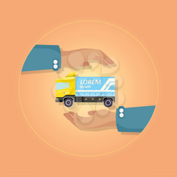 Blue large truck with emblem on orange background vector illustration. Motor vehicle designed to transport cargo. At circle two hands present semitrailer lorry with wheels cabin door insurance concept