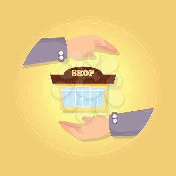 Nice brown and yellow shop on background vector illustration in flat style. Store has two big square windows and glass double door. Two hands present new storehouse. Safety insurance concept.