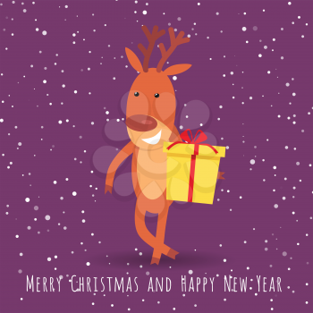 Merry Christmas and Happy New Year. Reindeer with gift box greeting. Smiling cartoon character in flat style design. Cute deer posing on background of abstract snowy landscape, night star sky. Vector