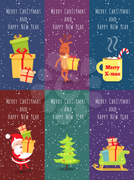 Merry Christmas and Happy New Year. Set of banners. Merry X-mas yellow cup. Christmas tree. Deer with gift box. Wooden sleigh with many boxes of presents. Santa Claus with green sack of gifts. Vector