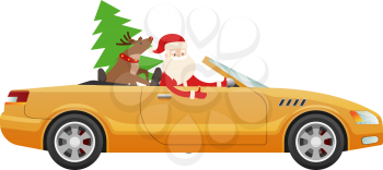 Santa Claus drive on cute yellow luxury car with reindeer and green fir tree. Santa prepares cute present for businessman. Vector illustration of expensive auto with Father Christmas and Rudolf