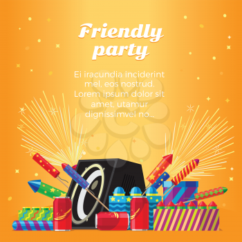 Friendly party banner fireworks for festival and party. Different kinds of amazing fireworks and salute elements vector illustration. Celebration with pyrotechnic devices, acoustic system speaker