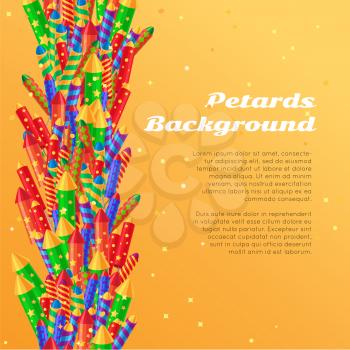 Petards background in cartoon style flat design. Collection of pyrotechnics colorful rockets, firecrackers and sparkler firework elements web banner with New Year attributes. Vector illustration