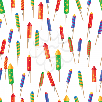 Seamless pattern of bright glossy exploding rockets endless texture on white. Illustration of colourful fireworks New Year decorations in cartoon style. Vector wrapping paper wallpaper design.