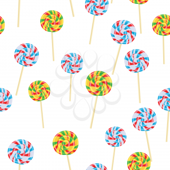 Caramel striped candy on sticks seamless pattern. Funny sweet cartoon lollies endless texture of confectionery in flat design. Bonbon lollipop wrapping paper with delicious colorful spiral dessert
