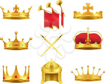 Golden ancient crowns and swords set on white. Vector illustration of caps made of gold with and without precious stones, crossed sword in centre and pipes with red clothing above in flat design