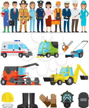 Profession representatives and equipments set on white. Vector poster of pilot and stewardess, doctor and policeman, fireman and gardener, businessman and waitress set of vehicles and tools