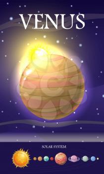 Venus planet. Second planet from Sun. Has longest rotation period and rotates in opposite direction to other planets. Outer space, galaxy and earth. Astronomy aspect. Sun system. Universe. Vector