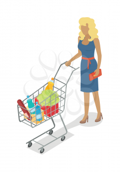 Woman with shopping trolley full of food isometric vector. Shopping daily products in supermarket concept isolated on white background. Female character template make purchases in grocery store icon
