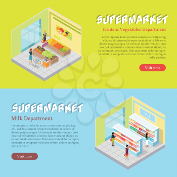 Supermarket departments isometric projection banners set. Customers buying goods in grocery store vector illustrations. Daily products shopping horizontal concepts for mall landing page
