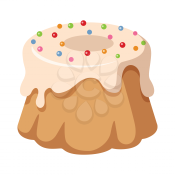 Big round cake with hole inside. Sweets. Illustration of isolated chocolate cupcake with topping and colourful balls. Green, red and blue bubbles. Simple cartoon style. Side view. Flat design. Vector