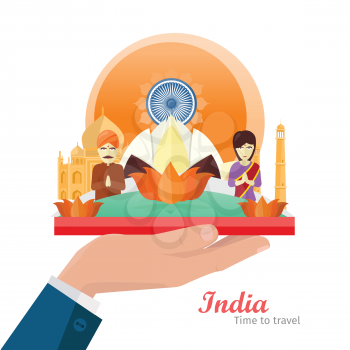 Welcome to India. Travelling banner on outstretched hand. Landscape with Indian landmarks. Nature and indians. Lotus. Temple and flower. Buddhism. Part of series of travelling around world. Vector