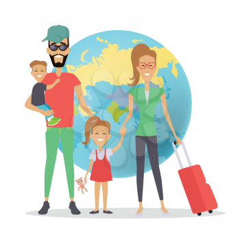 Happy family trip traveling concept. Family vacation. Parents with their children going for summer vacations. People on background of globe. Family on vacation. Ready to travel. Summer holiday.